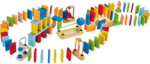 Wooden Domino Set Award Winning Domino Racing Building Block Set for Kids, 107 Solid Pieces of Fun Filled Racing, Building and Stacking