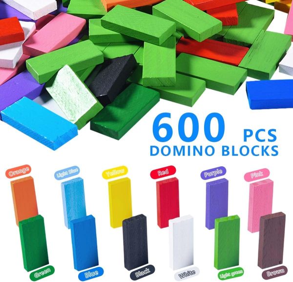 600 Pcs Colorful Wooden Domino Blocks Set Tile Bulk Building Racing Stacking Games Educational Toys for Kids Birthday Party Favor (Domino Blocks Set, 600, Count) - Image 2
