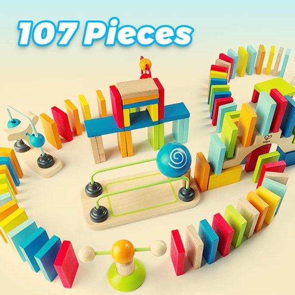Wooden Domino Set Award Winning Domino Racing Building Block Set for Kids, 107 Solid Pieces of Fun Filled Racing, Building and Stacking - Image 2