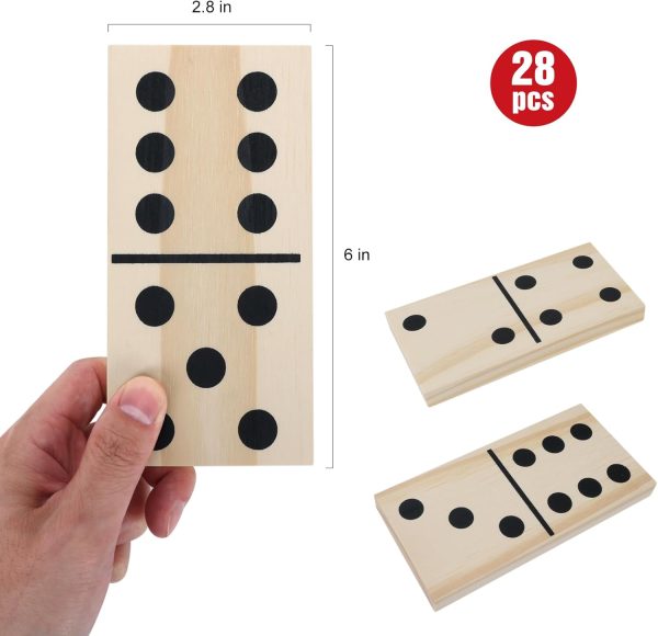 Giant Wooden Dominos Set for Adults and Kids,28pcs Jumbo Natural Wood Black-Dot Dominoes Tiles for Birthday/Holiday Family Party Games,Outdoor Camping Lawn and Backyard Activities 2-4 Players