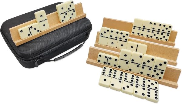 Dominos Set for Adults with 4 Wooden Racks,  6 Dominoes Game Set with 28 Colored Domino Tiles  Six Dominos Set with Travel Case - Classic Board Games