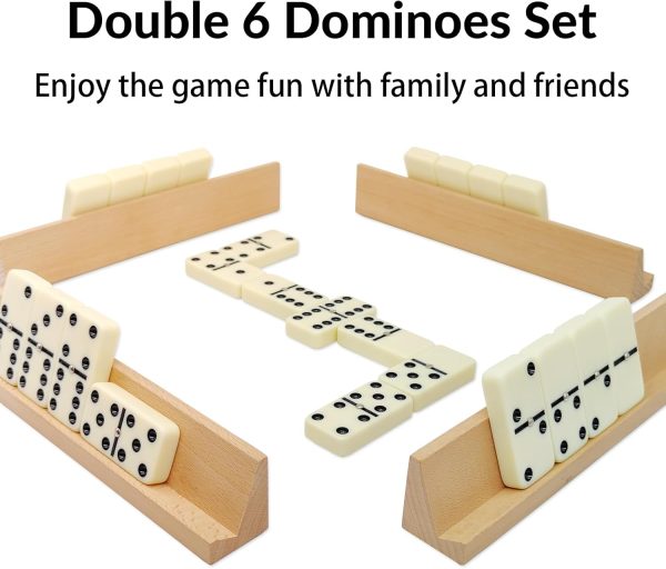 Dominos Set for Adults with 4 Wooden Racks,  6 Dominoes Game Set with 28 Colored Domino Tiles  Six Dominos Set with Travel Case - Classic Board Games - Image 2