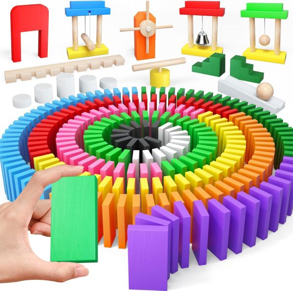 Large Dominoes for Kids, Wooden Dominos Set Include 200 PCS Colorful Domino Blocks, 11 Add-on Tricks and 1 Storage Bag, Bulk Building Dominoes, Kits Gift for Boys Girls Adult