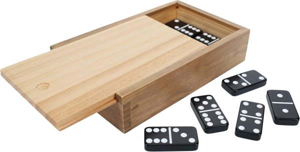 6 Black Dominoes with White Dots in Wooden Case - Family Games, Party Games, Outdoor and Yard Games, Birthday, Retro Dominoes Set for Adults