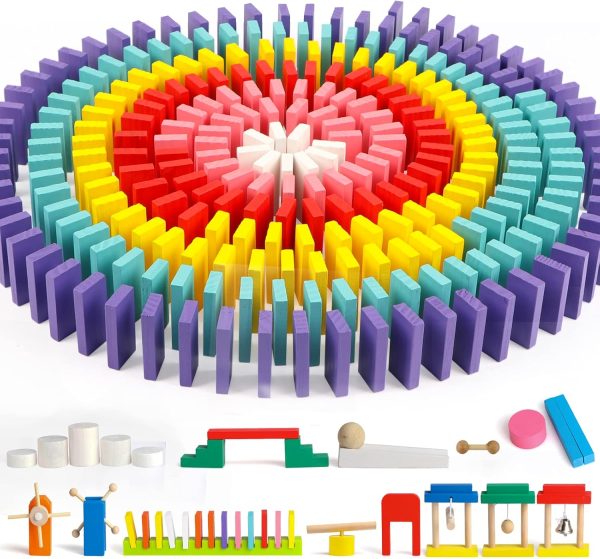 600 PCS Dominoes Set for Kids, Wooden Domino Building Blocks, 6 Colors Bulk Dominoes Racing Tiles Games with Extra 26 Add-on Blocks and Storage Bag, Educational Toys for Kids Birthday Party