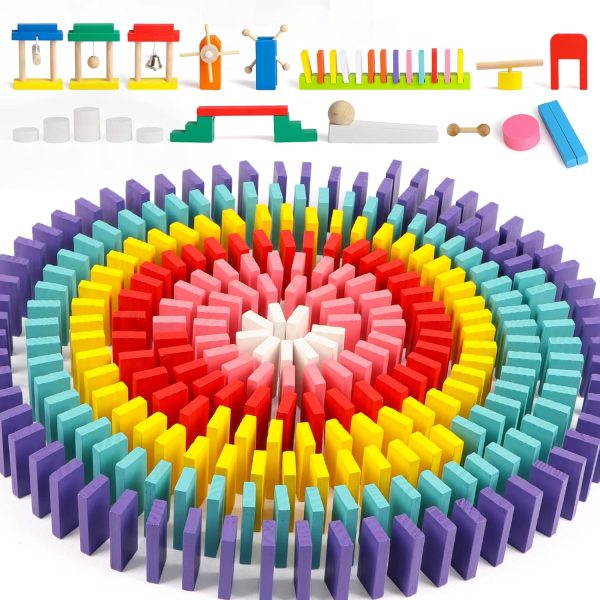 600 PCS Dominoes Set for Kids Wooden Building Blocks 6 Colors Bulk Dominoes Racing Tile Games Educational Toy for Kids Birthday Party with 11 Add-on Blocks and 1 Storage Bag