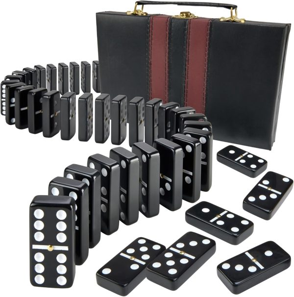 Jumbo  Six Dominoes Set - 28 Black Classic Tiles in Faux Leather Case - Fun Educational Toy for Kids, Boys, Girls, Classroom Kit, Classic Game Night Party Favors Set, Travel-Friendly