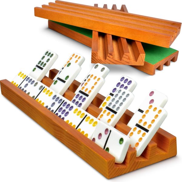 Domino Holders for Classic Board Games - Wooden Domino Racks Set of 4 - Mexican Train Dominoes Accessories - Domino Trays for Tiles Family Games (Large)