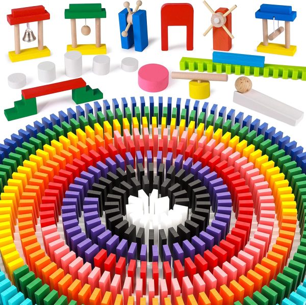 1000 PCS Dominoes Set for Kids Wooden Building Blocks Bulk Dominoes Racing Tile Games with Extra 11 Add-on Blocks and Storage Bag