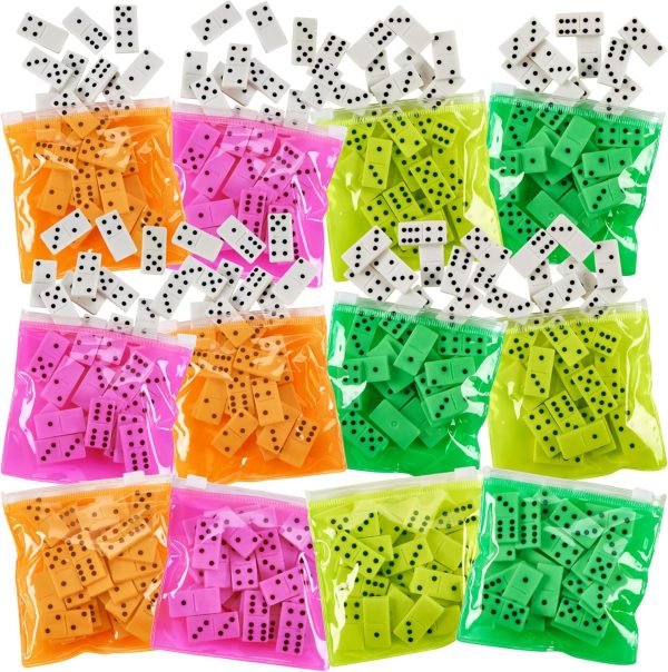 Domino Game Set Pack of 12 Each Bag includes 28 Pieces of Dominoes Set Comes with Colorful Bags Neon Pink Yellow Green and Orange - Awesome Party Favor, Educational Toys Adults & Teens
